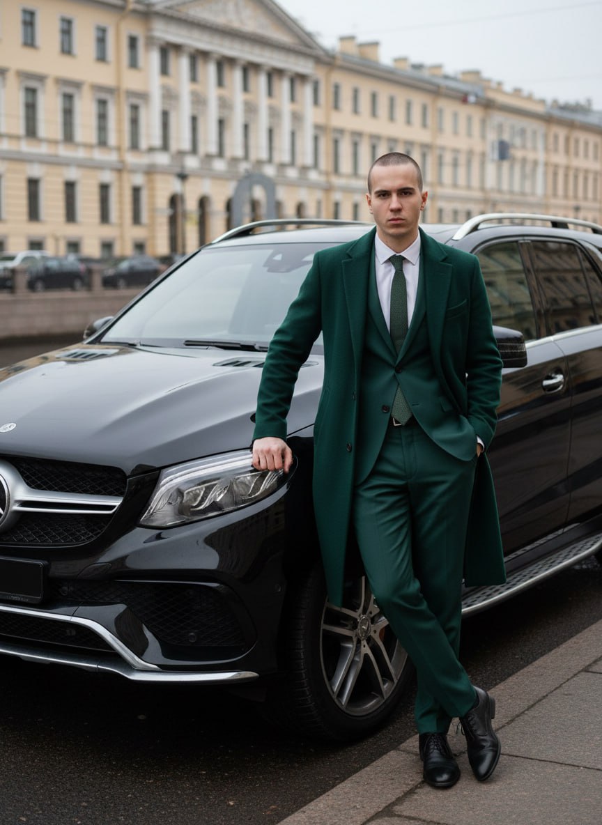 Fouraj wearing a royal green suit beside a black car